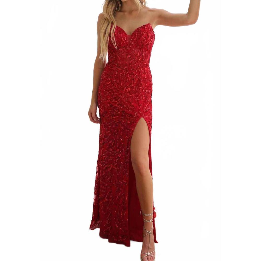 NEW PRIMAVERA strapless beaded sequin prom dress in red